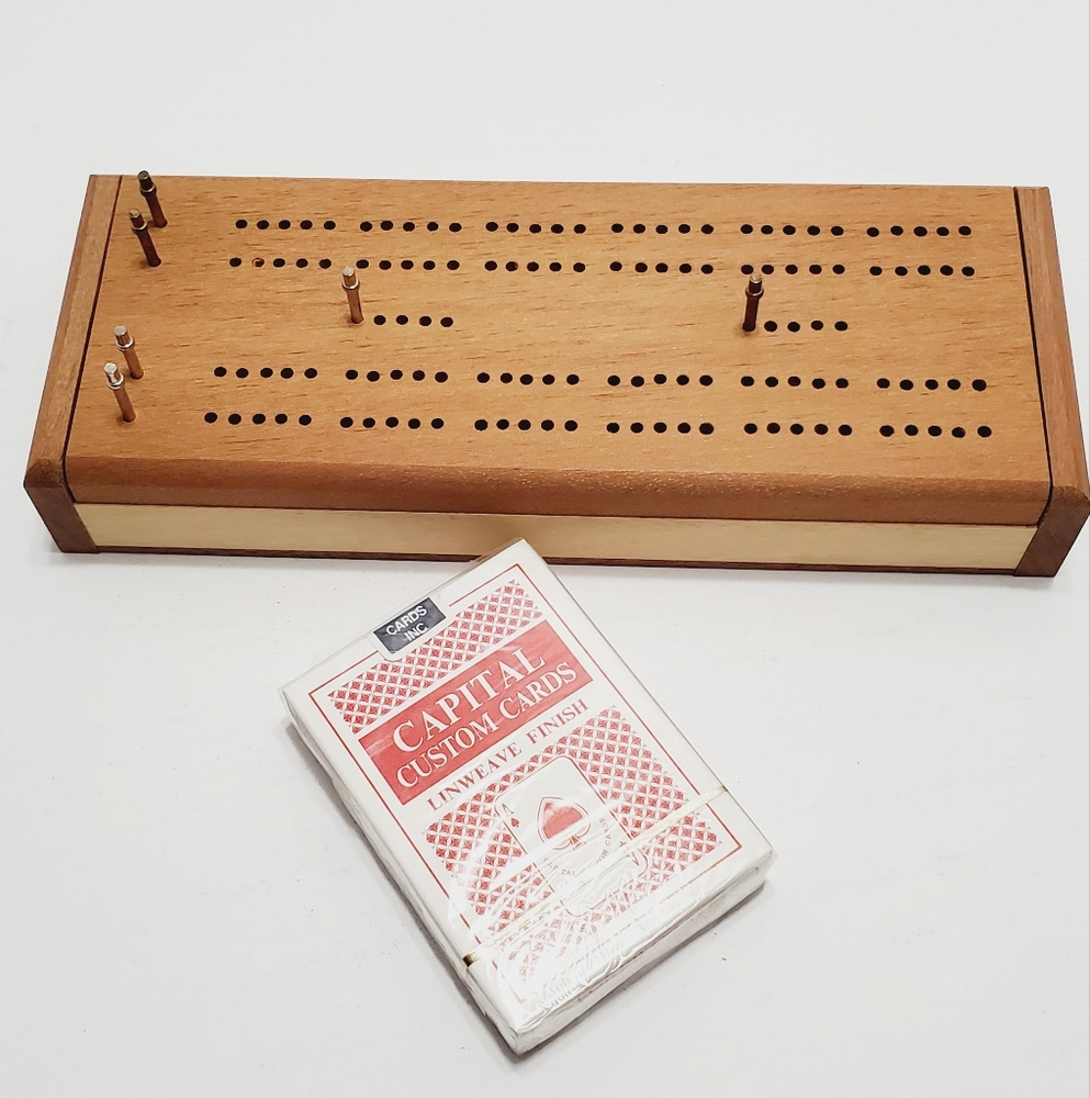 Wood Expressions Double Cribbage Board Box 2 Decks of Playing Cards
